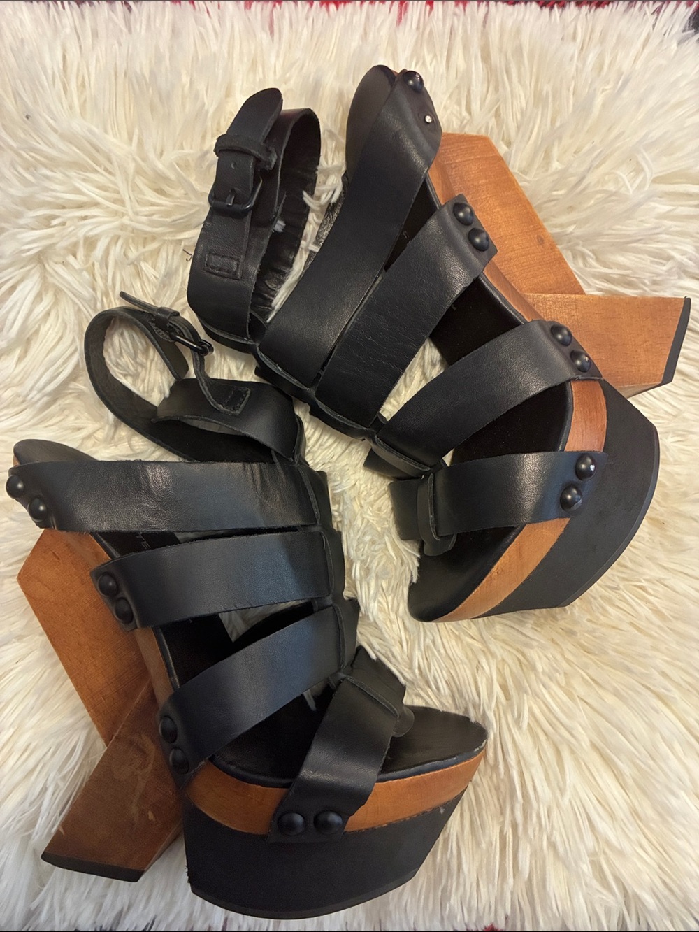 United Nude Black leather Strappy Platform wood Heeled Sandals size 6 with bag